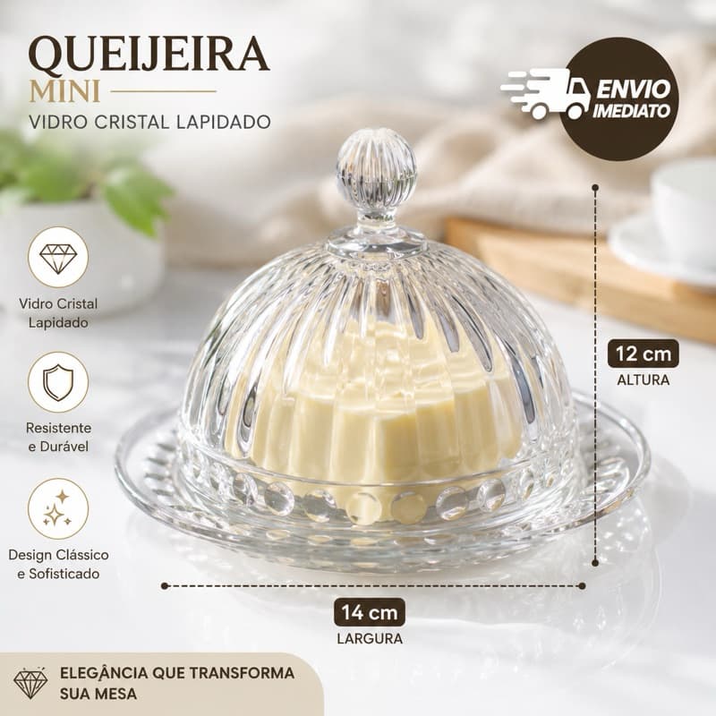 Porta Queijo Mini Prato de Doce Queijeira de Vidro Milano 14x10  Transparente com Tampa para Queijos