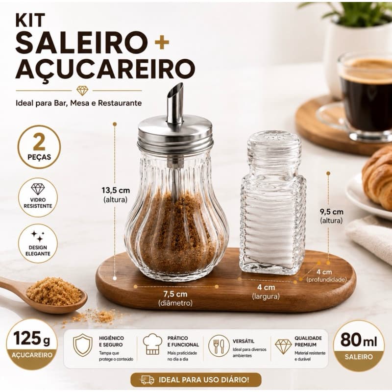 Kit Açucareiro de Vidro Porta Açúcar  + Saleiro Paliteiro 80ml Aço Inoxidável Restaurante Bar Mesa