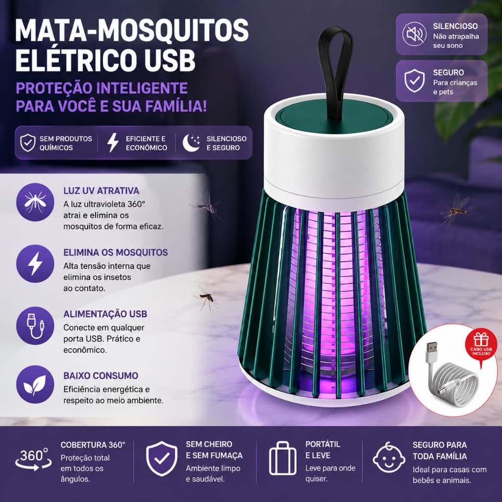 Mata Mosquitos Elétrico USB Recarregável com Luz UV 360° Silencioso