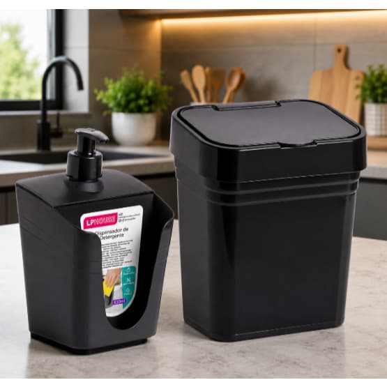 Kit Lixeira de Pia 2,8 L com Tampa e Porta Detergente Plástico Dispenser para Cozinha