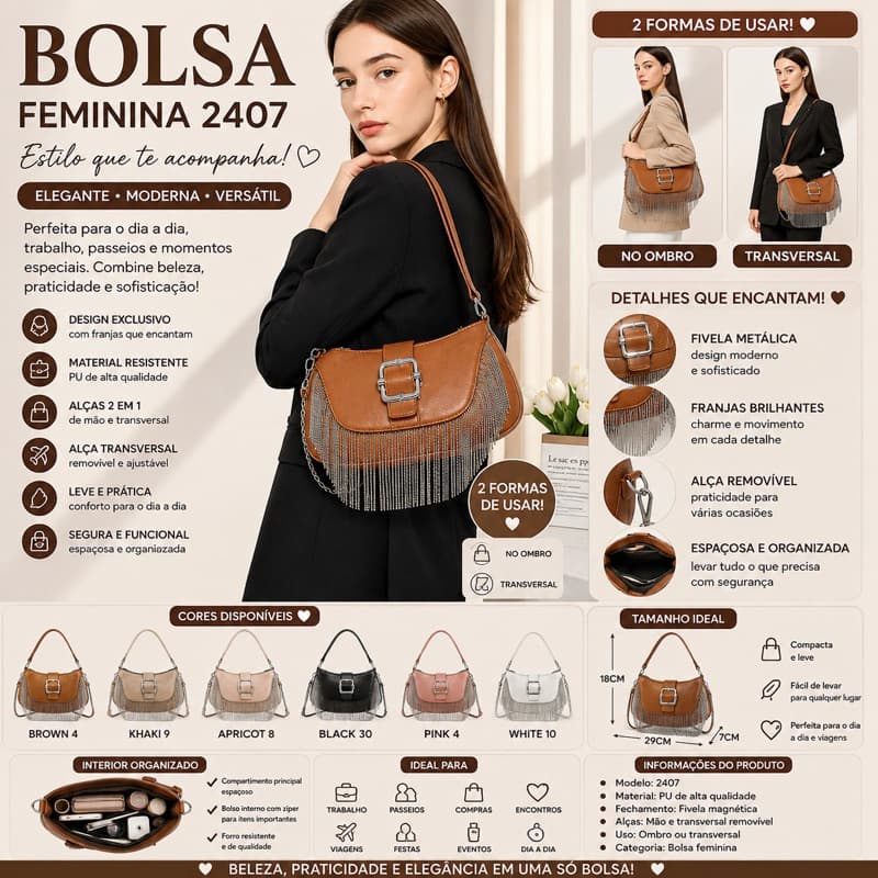 Bolsa Feminina 2407 com Franjas Brilhantes e Fivela Metálica Alça de Ombro e Transversal Removível