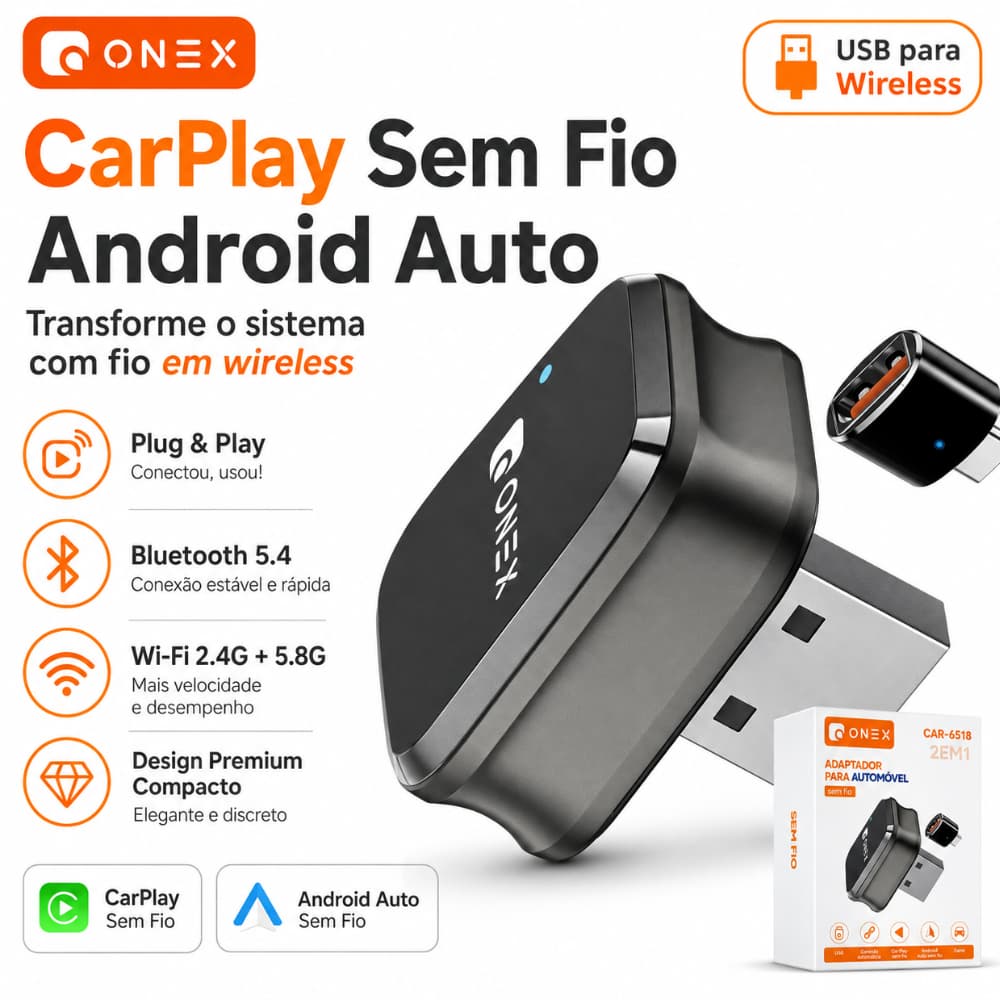 Adaptador CarPlay Sem Fio USB para Carro Wireless CarPlay e Android Auto Bluetooth 5.4 Conversor de Conexão com sem Fio