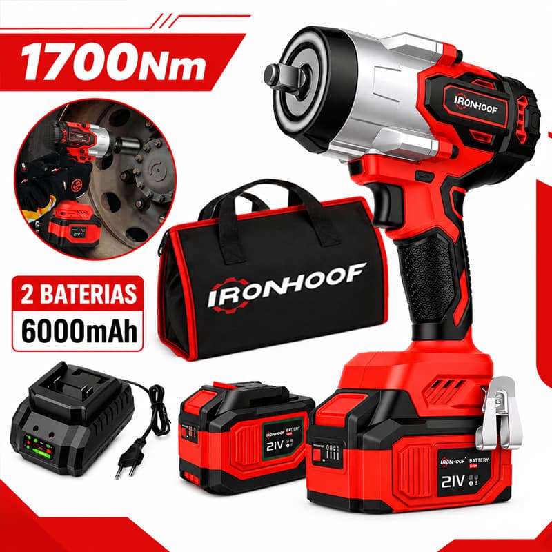 Chave de Impacto 1700Nm Brushless Sem Fio com 2 Baterias Recarregáveis Alto Torque