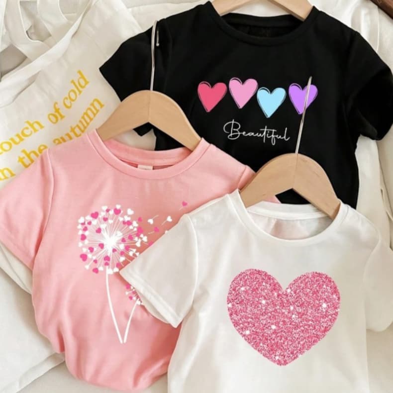 Kit 3 T-Shirt Infantil Menina Camiseta Blusinha Estampa Coração Brilho 100% Algodão Blogueirinha