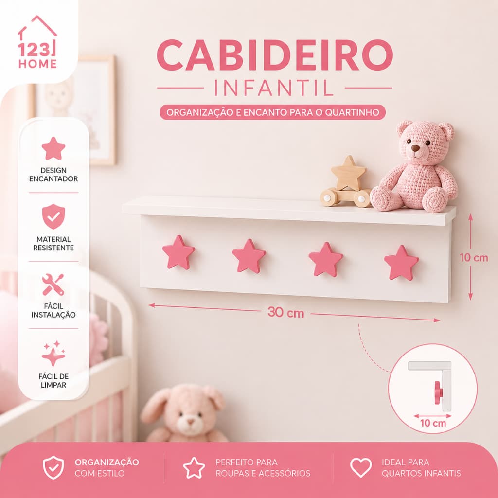 Cabideiro Infantil de Parede com Prateleira e Ganchos – Estrela, Coração ou Borboleta para Mochilas e Bolsas