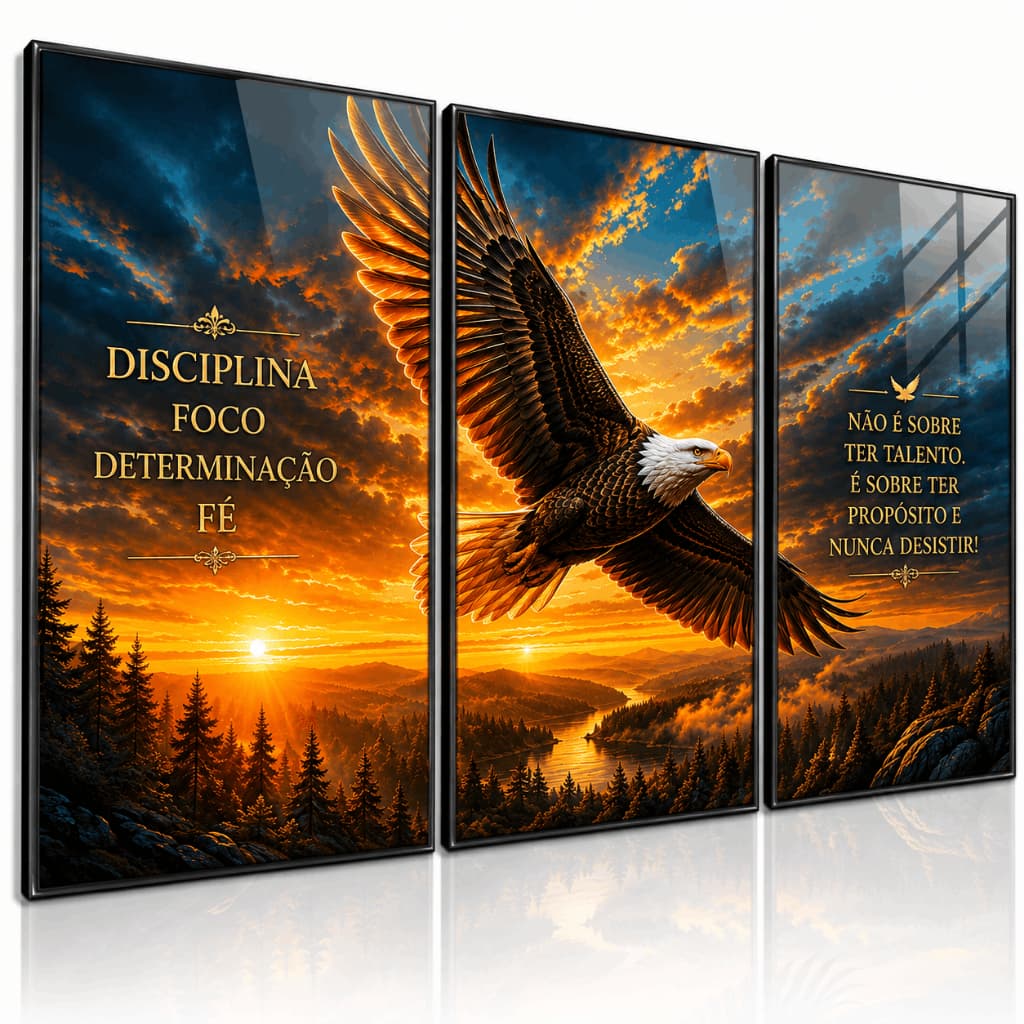 Kit 3 Quadros Decorativos Águia Motivacional Disciplina Foco Determinação Fé Escritório Sala