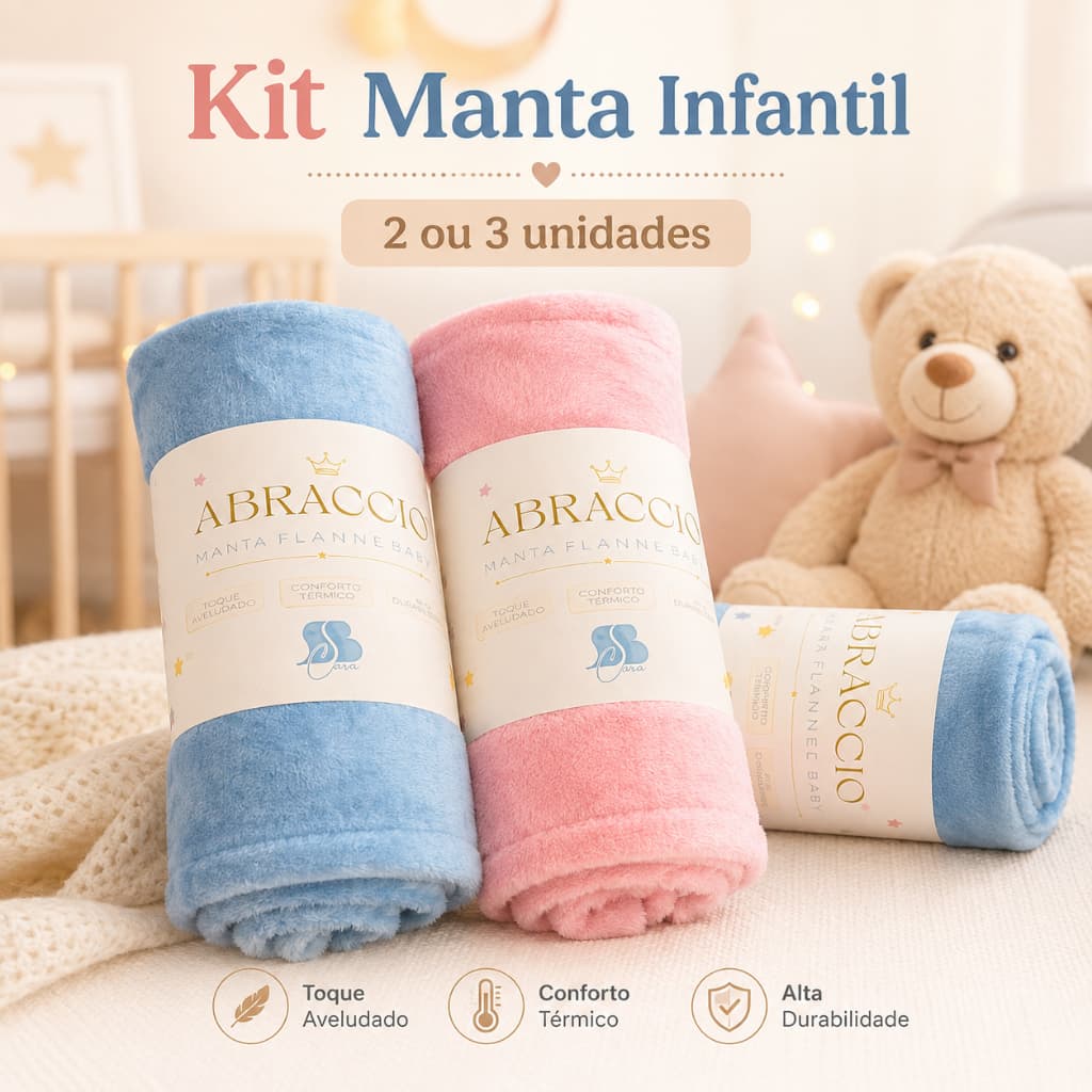 Kit 2 ou 3 Mantas Bebê Microfibra Soft Cobertor Infantil Menino Menina Rosa Azul