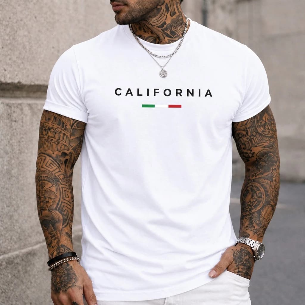 Camiseta Masculina, Estampa em DTF California 100% Algodão Premium,  Gola Reforçada