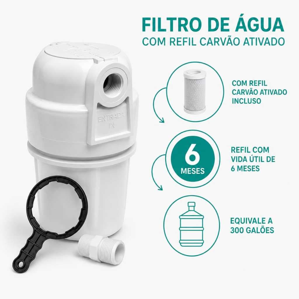 Filtro de Água Compacto com Refil Carbon Block + Adaptador Instalação Rápida Pia Cozinha