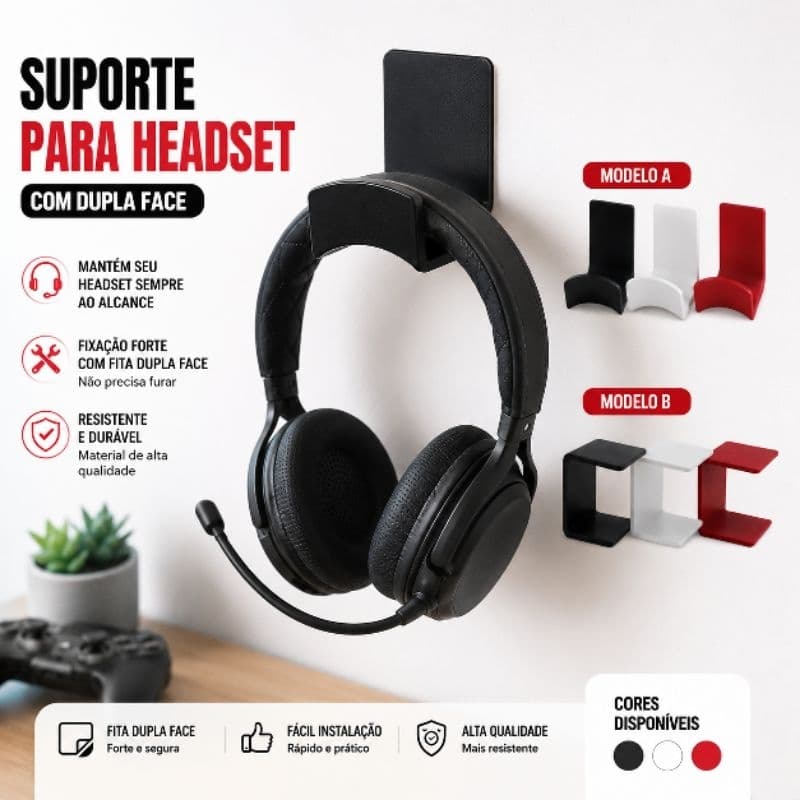 Suporte para Fone de Ouvido Headset – Modelos A e B | Fixação com Fita Dupla Face
