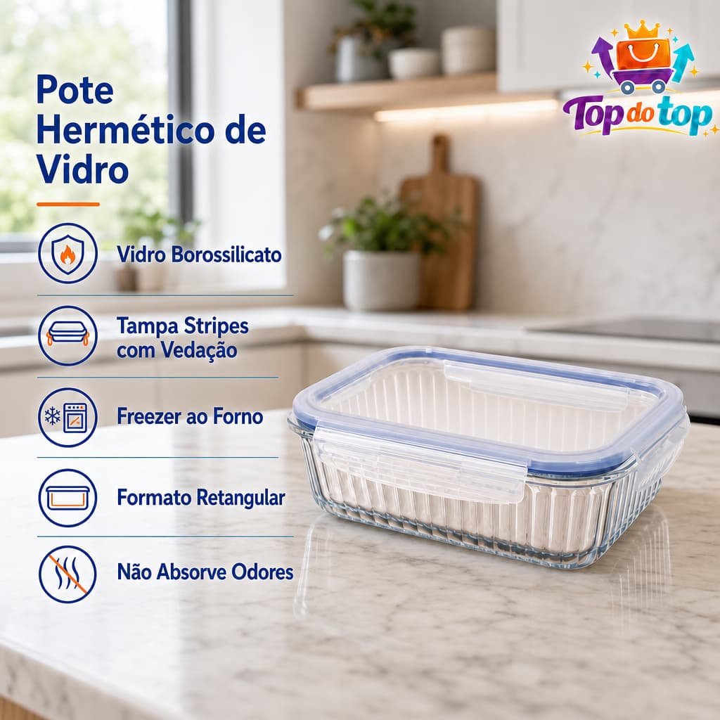 Pote Hermético Vidro Borossilicato Retangular Tampa Stripes 370ml, 640ml ou 1500ml