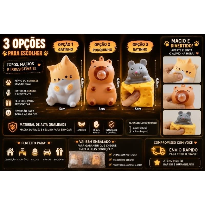 Brinquedo Anti Estresse Squishy Fofinho 3 Opções Gato Porquinho Rato