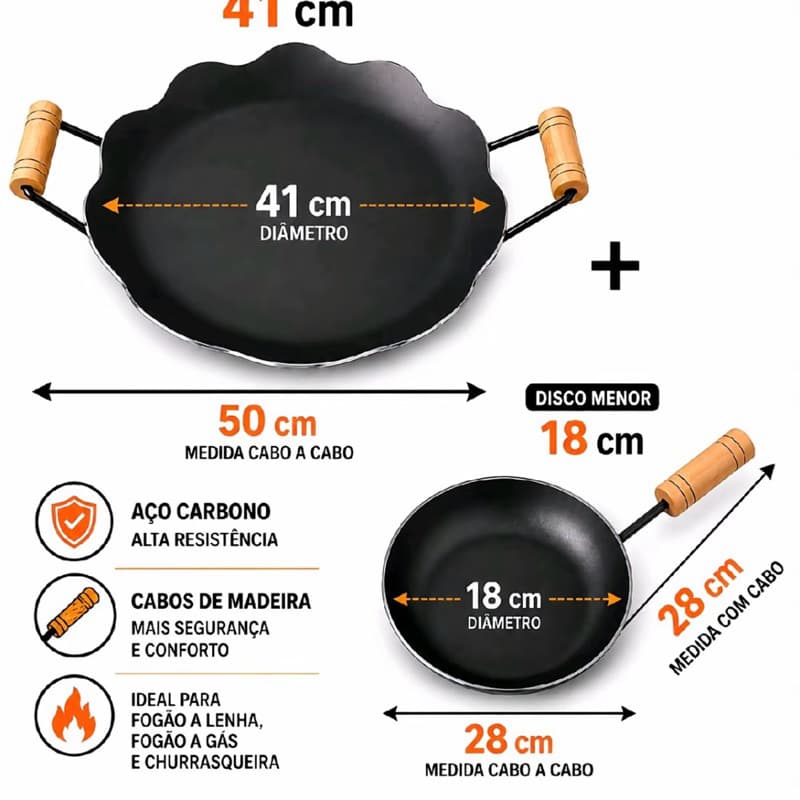 Disco de Arado Grande 41 cm + Frigideira N 18 Bifeira Rústica para Fogão a Gás Indução e Lenha Aço Carbono Resistente