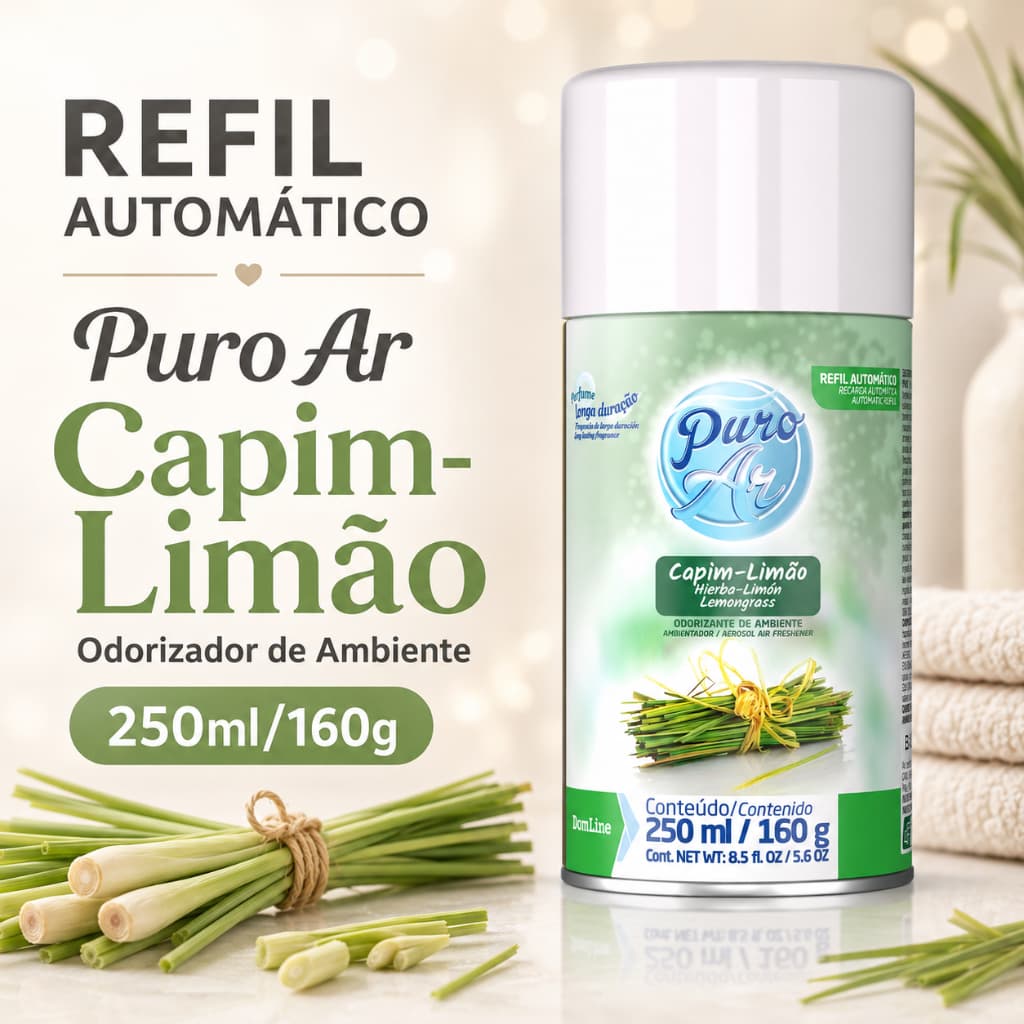 Refil Aromatizador Automático Puro Ar 250ml Capim Limão Difusor Odorizador de Ambientes Spray Perfume para Casa