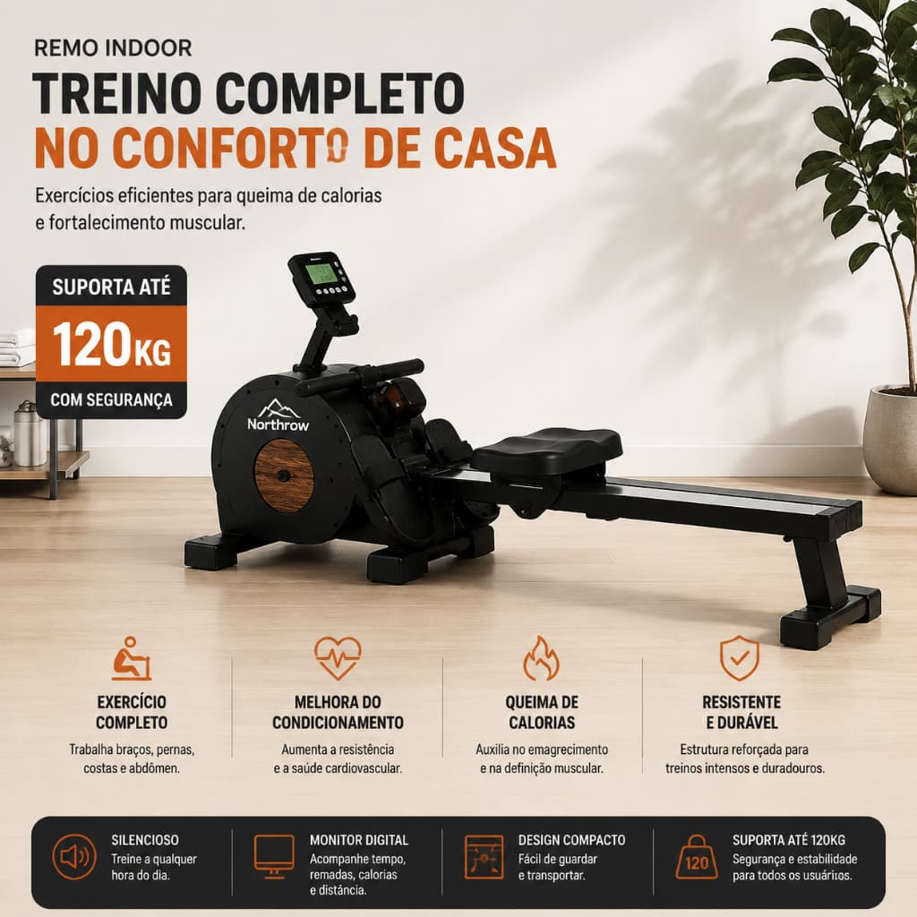 Remo Indoor Magnético Máquina de Remo para Academia em Casa, Treino Cardio, Queima de Calorias e Fortalecimento Muscular