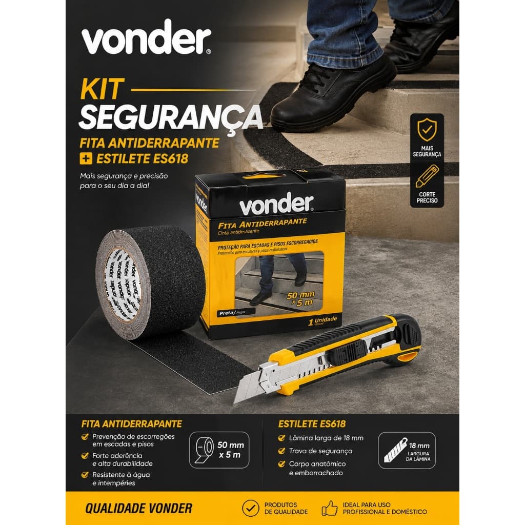 Kit Fita Antiderrapante 50mm Vonder 5 Metros + Estilete Profissional ES 618 Vonder