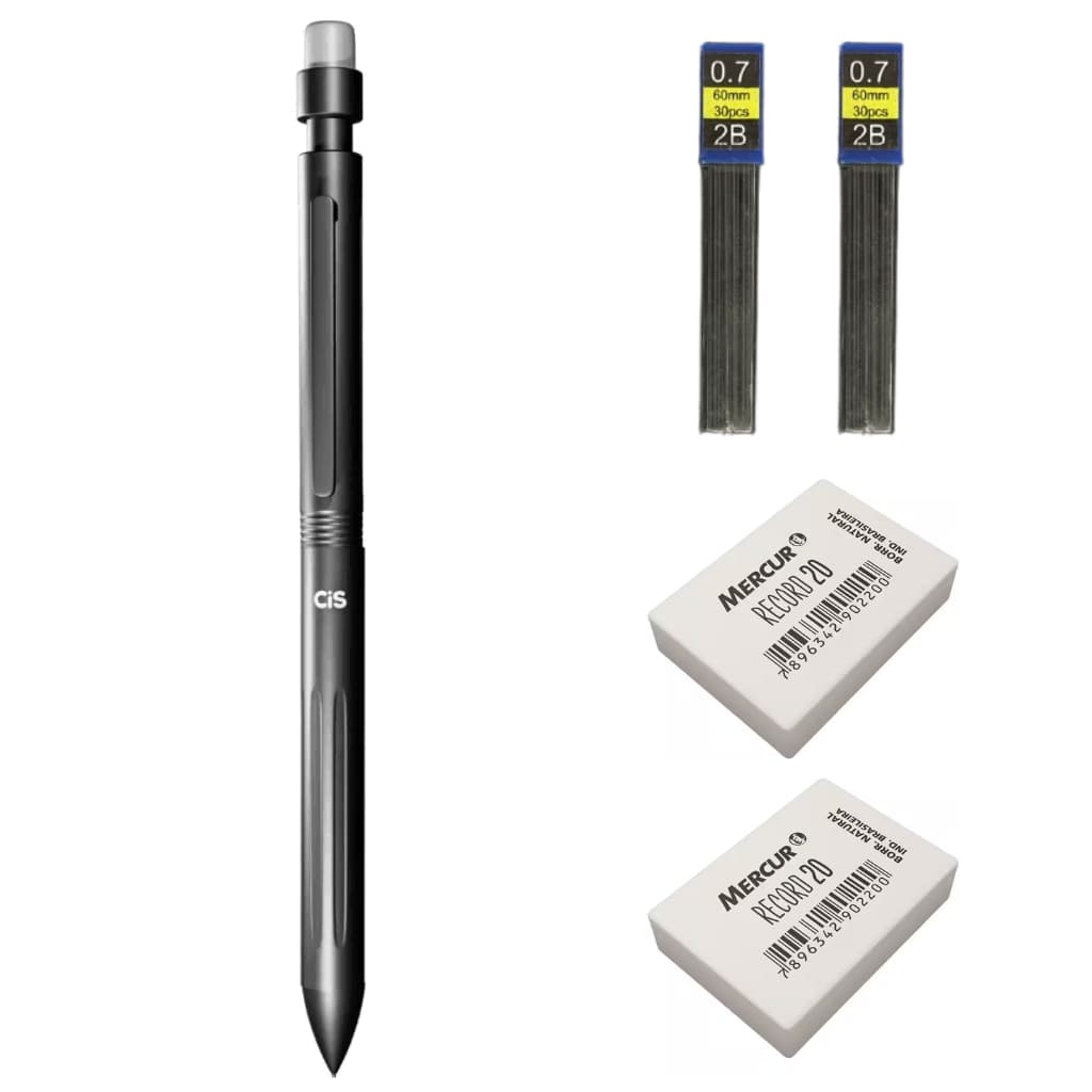 Kit Lapiseira Cis Pentonic 0.7mm + 2 Grafites 0,7mm + 2 Borrachas Mercur - Lapiseira Preta