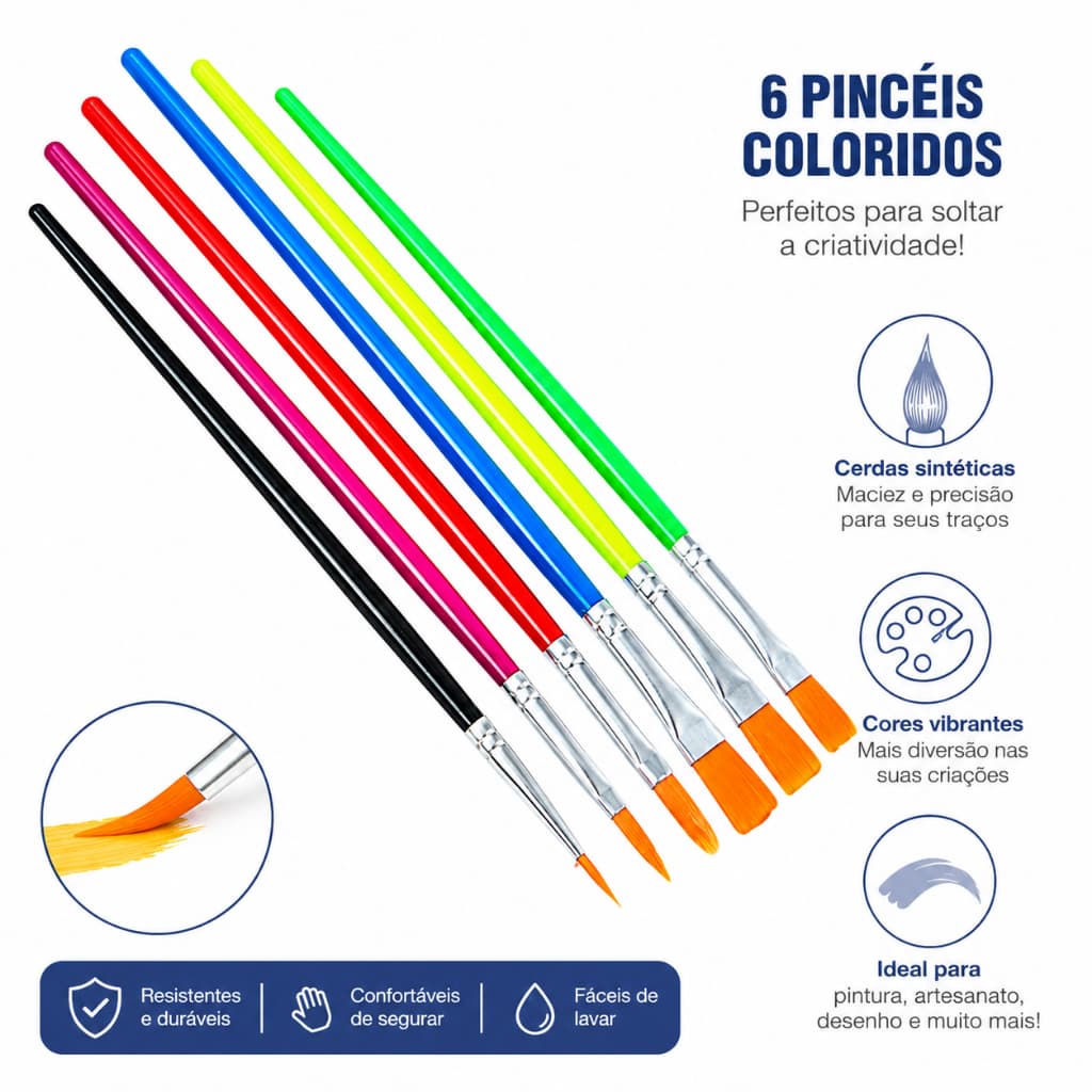 Kit 6 Pinceis Chato e Fino Para Pintura Tinta Óleo Acrílica Guache Artes