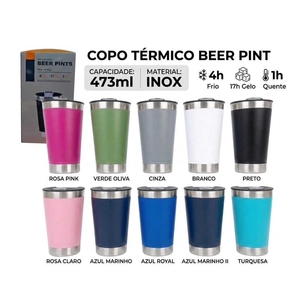 Kit 2/5 Copo Térmico Inox 473ML  para Cerveja com Abridor Garrafa eTampa Parede Dupla Quente e Gelado - Promoção