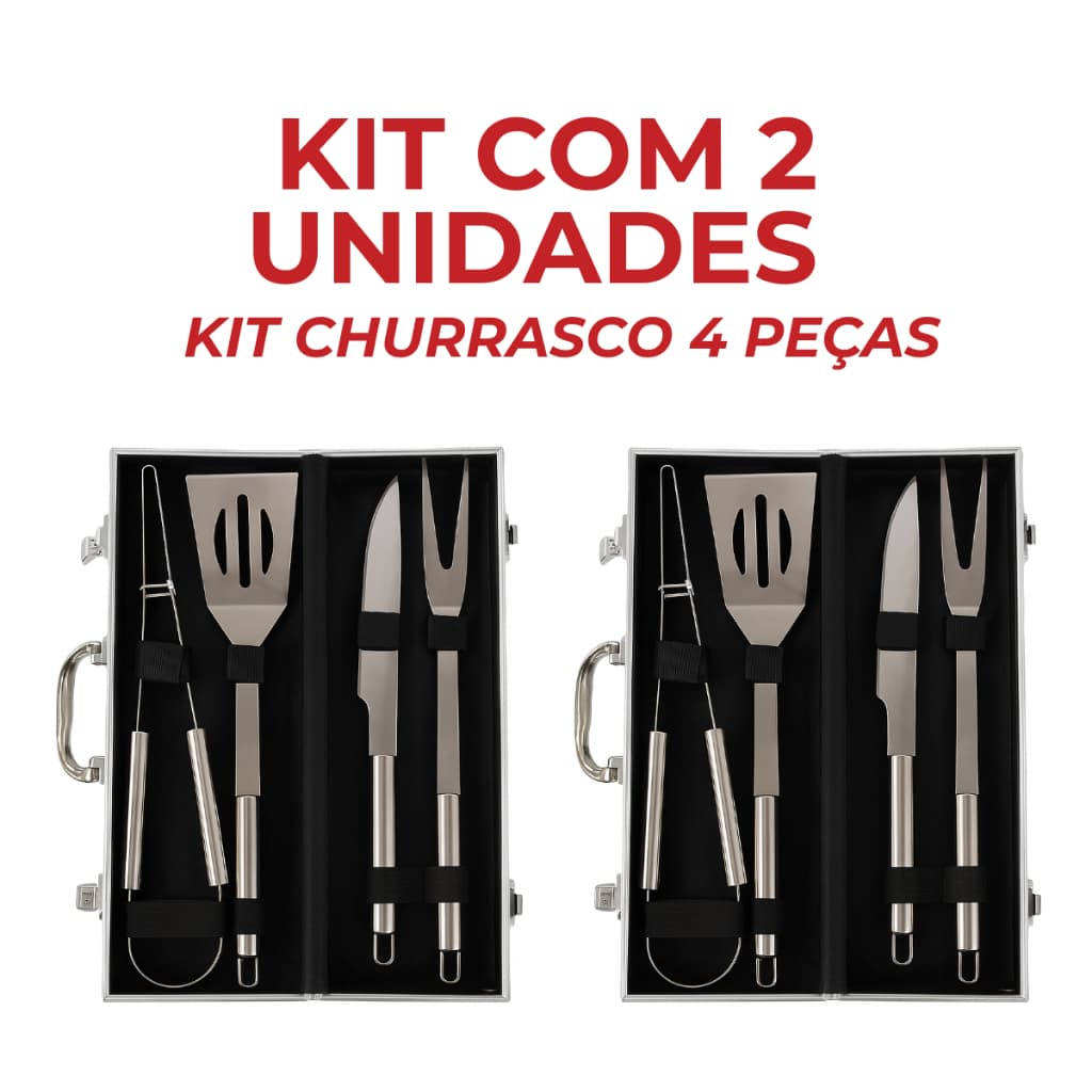 Combo 2 Kits Churrasco Aço Inox 4 Peças com Maleta Faca Garfo Pegador Espátula Pronta Entrega