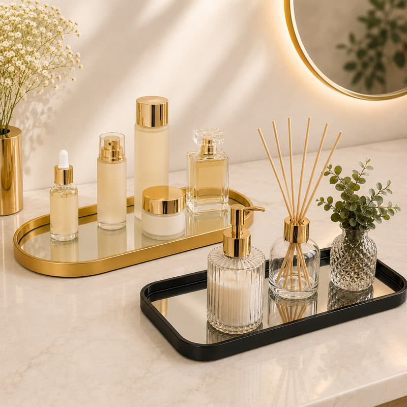 Bandeja Decorativa Oval, Retangular com Espelho | Organizador de Perfumes, Maquiagem, Cosméticos, Lavabo e Banheiro