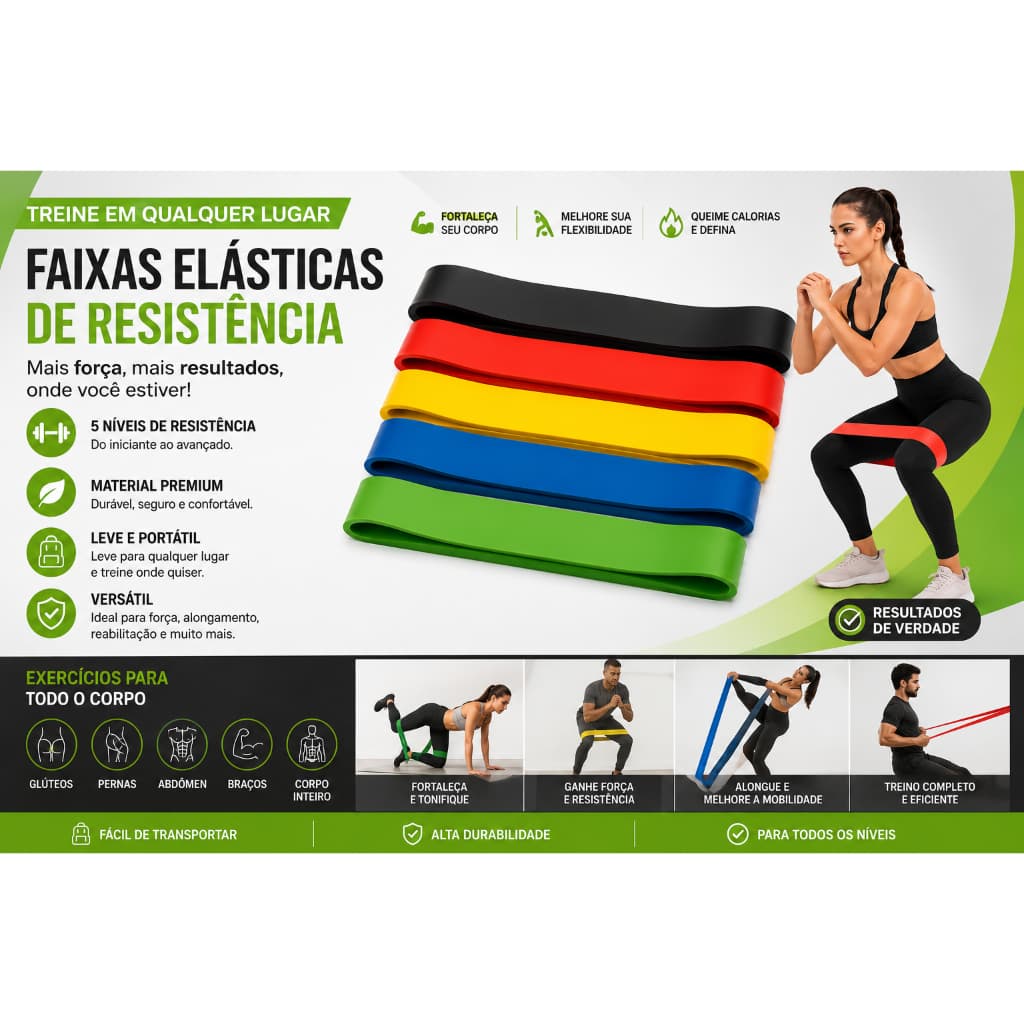 Elástico para exercício - Perfeito para incluir na rotina de exercícios, o kit pode ser utilizado em treinos para pernas