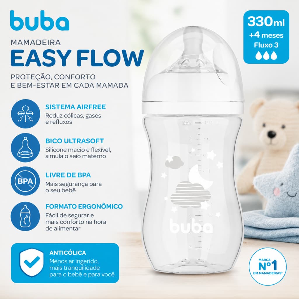 Mamadeira Buba Easy Flow 270ml Anticólica AirFree Bico Ultrasoft +4m