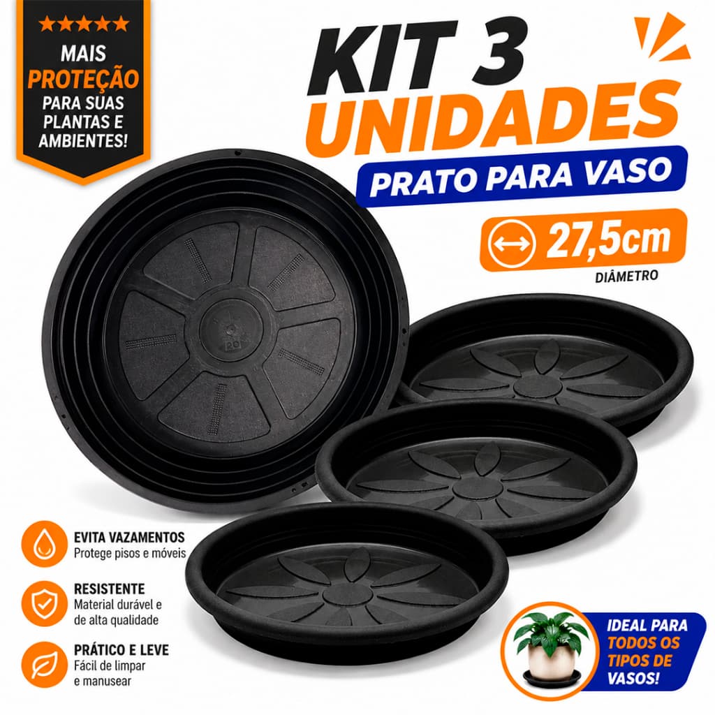 Kit 3 Prato Vaso De Planta Coletor de Água Plástico Preto Com Furos Suspenso - Médio  27cm