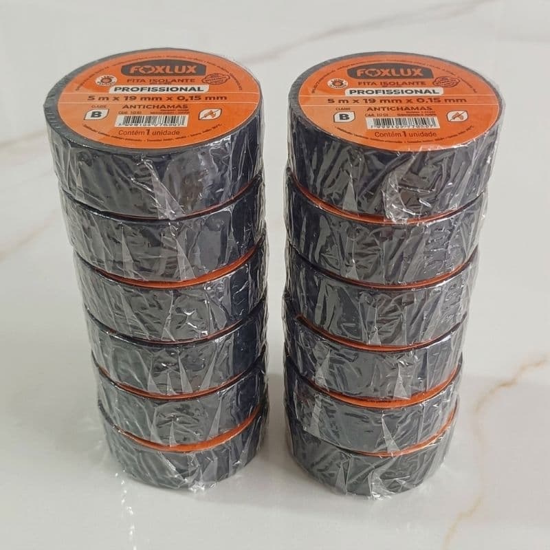 Kit 10 Fitas Isolantes Foxlux Profissional 5m x 19mm x 0,15mm Antichamas Alta Resistência Preta