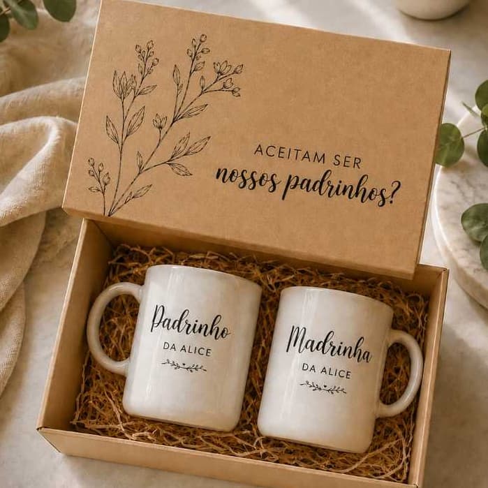 Kit 2 Canecas + Caixa MDF Personalizadas Para Padrinhos de casamento,dindos,pais dos noivos,madrinha
