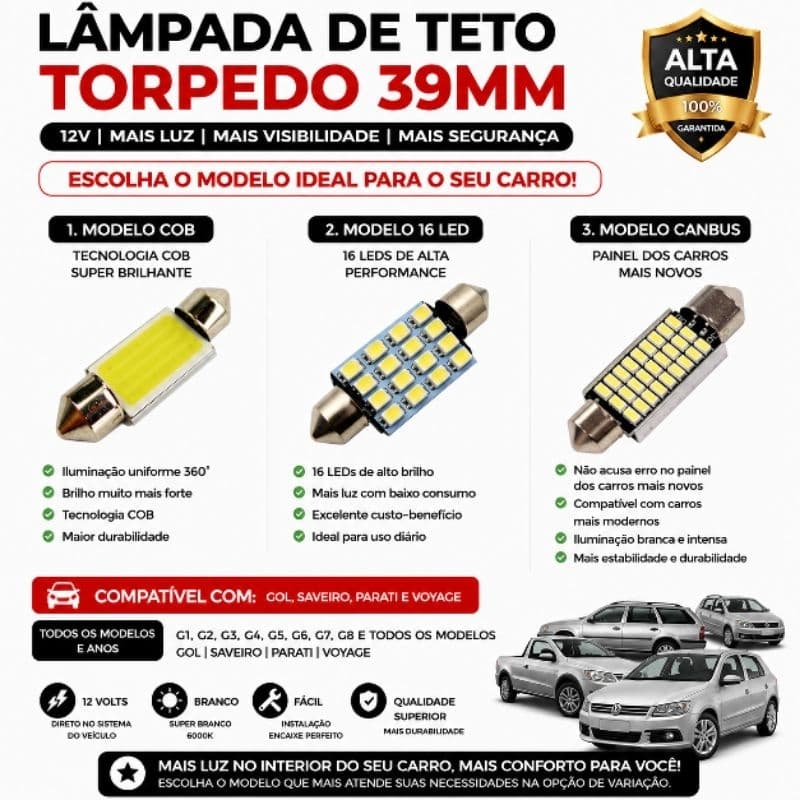 Lâmpada Teto Torpedo 39mm LED 12V COB 16 LED Canbus Gol Saveiro Parati Voyage Todos Modelos