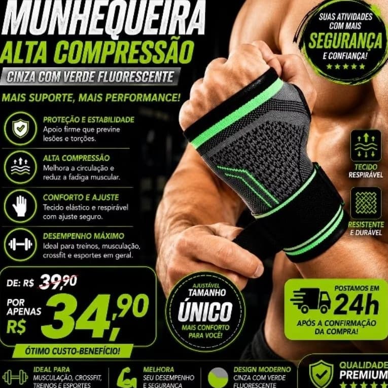 💚Munhequeira Esportiva Ajustável Cinza com Verde Fluorescente Alta Compressão para Academia Treino💚