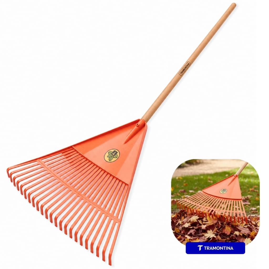 Vassoura Rastelo Jardinagem Plástica 22 Dentes Tramontina C/ Cabo de Madeira 110cm