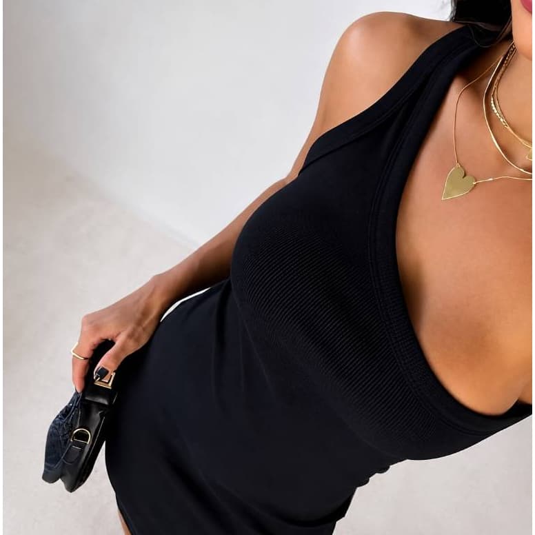 Vestido Midi Feminino Canelado Tubinho Justo Ombro Único Elegante