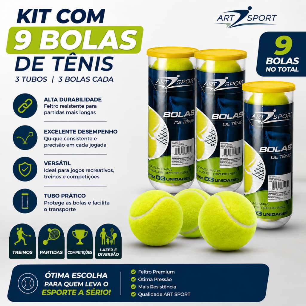 Kit 9 Bolas de Tênis Para Treinamento de Alta Performance no Tubo Borracha