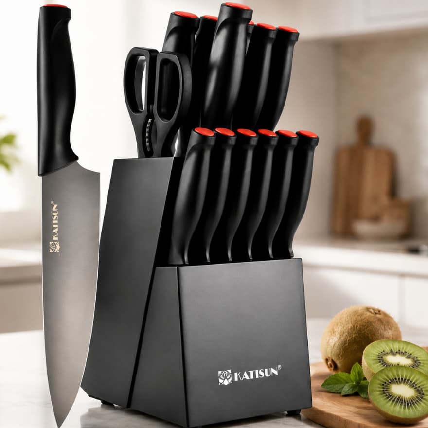 Jogo De Facas Cozinha 15pçs Profissional Com Base E Amolador Lâminas de Aço Inoxidável Alto Carbono