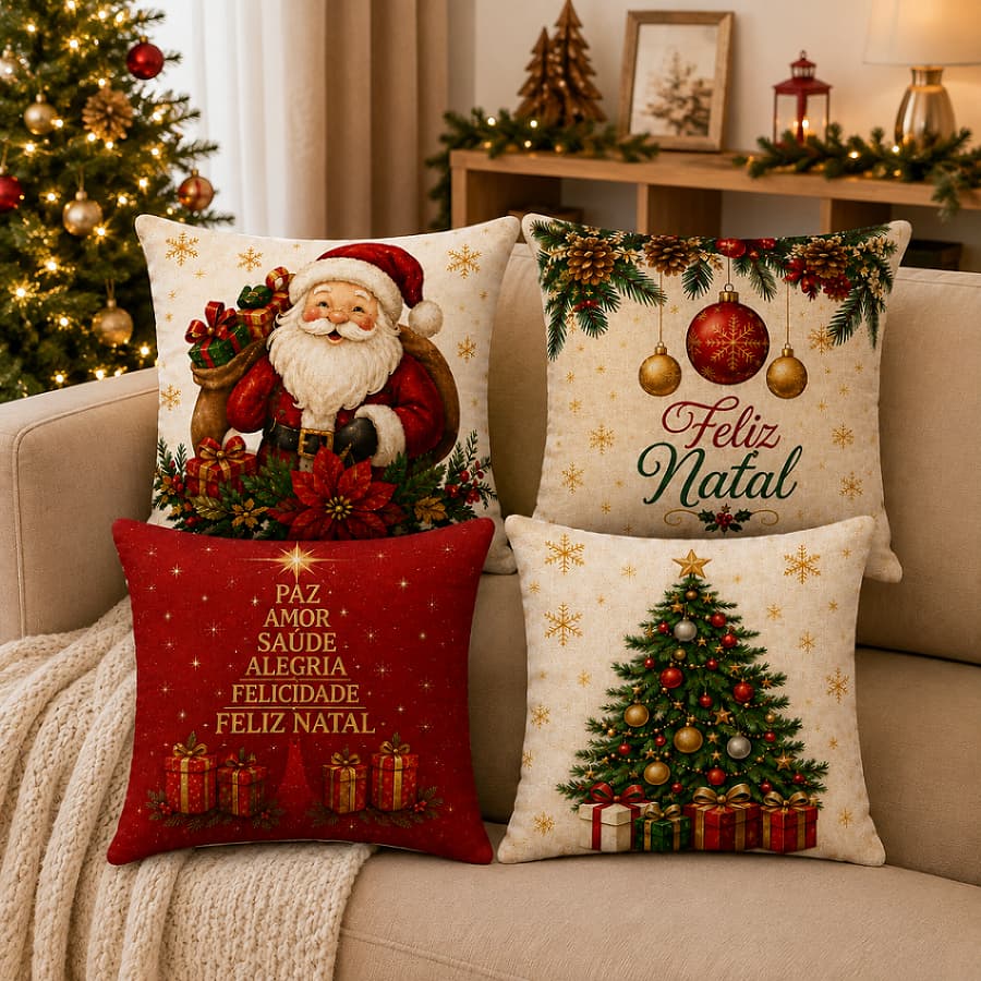 Kit 4 Capa Almofada Natalina Decoração de Natal 45cm x 45cm