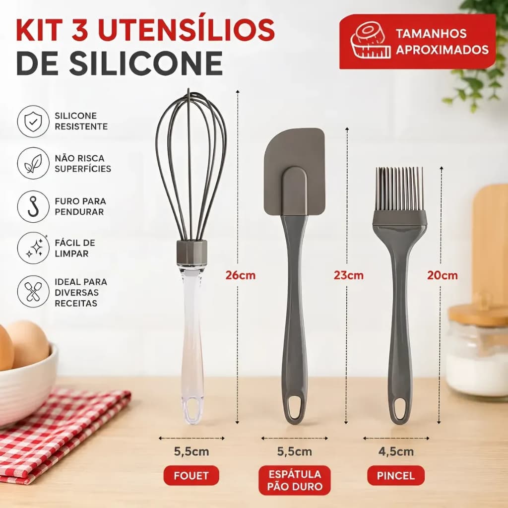 Kit 3 Utensílios de Silicone para Cozinha Fouet, Espátula e Pincel Culinário Cinza