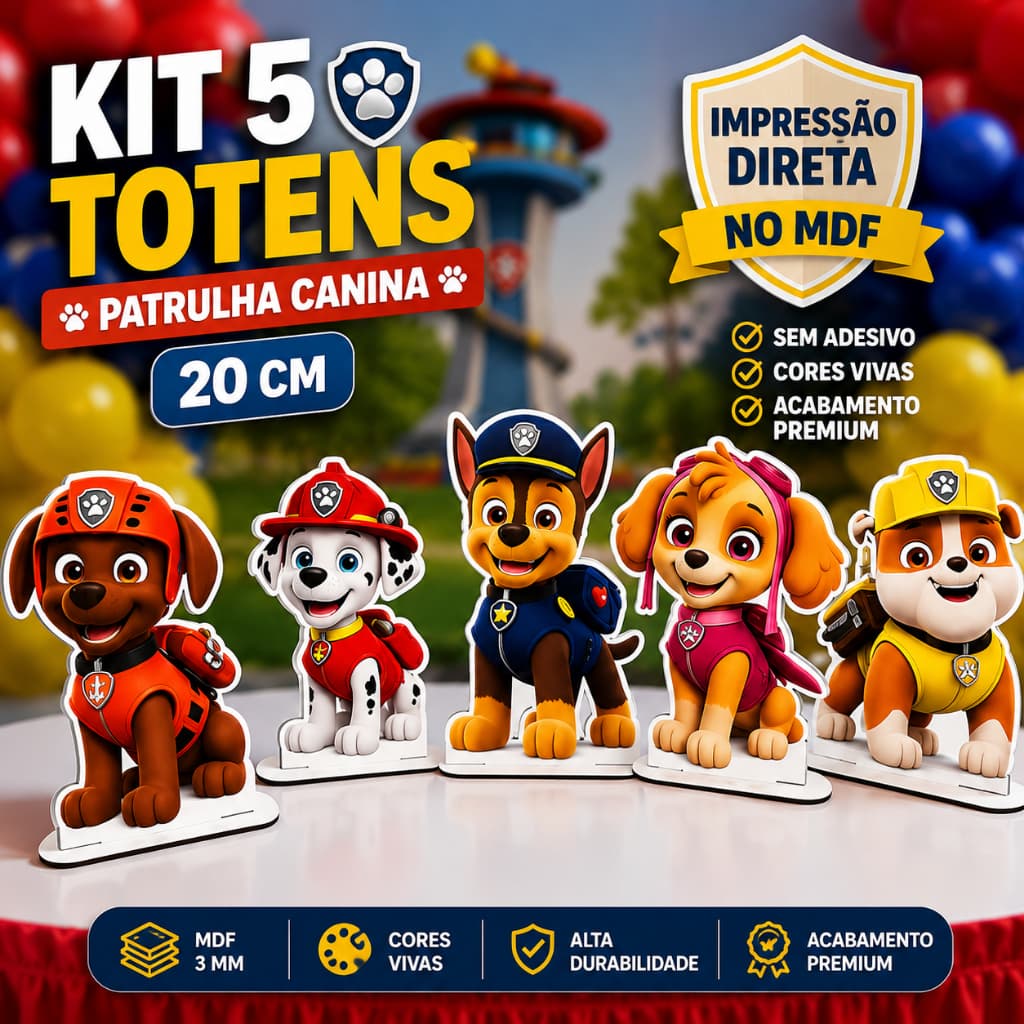 Kit 5 Displays Totens Patrulha Canina 20cm MDF 3mm Impressão UV Decoração Festa Infantil Mesa Aniversário