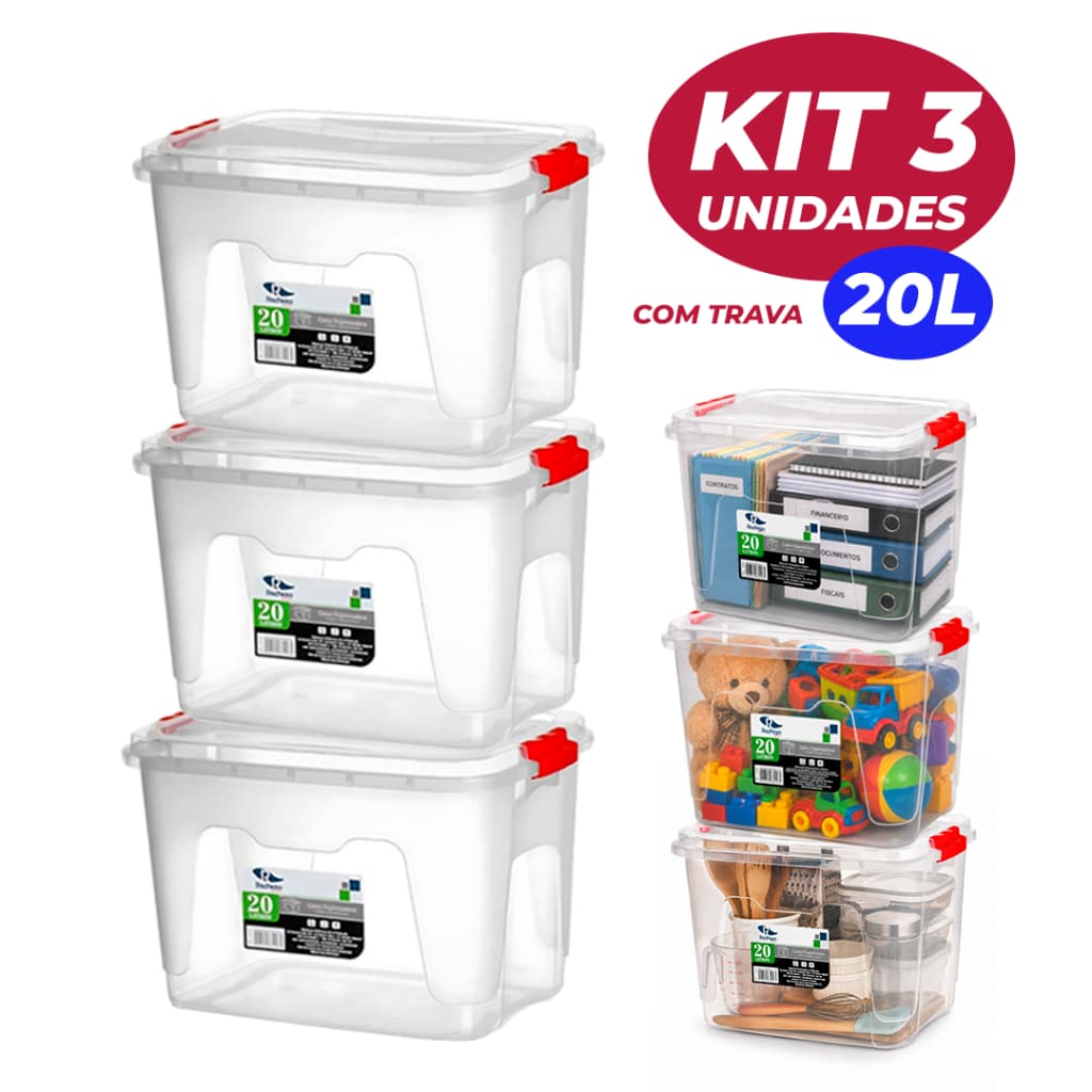 Kit com 03 Caixas Organizadoras 20 Litros Transparente com Tampa e Travas Multiuso para Brinquedos Documentos Cozinha