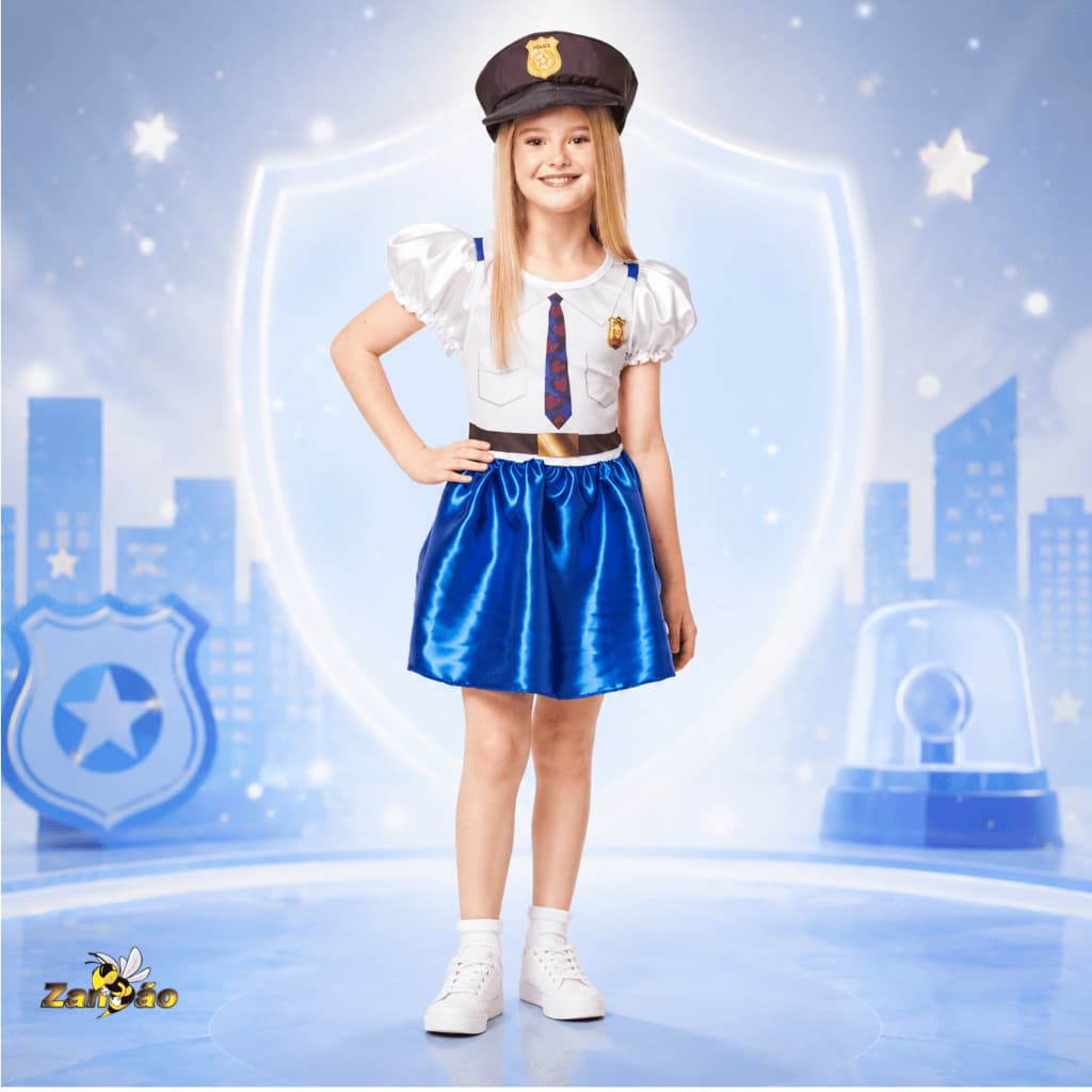 Fantasia Policial Infantil Menina com Vestido e Quepe