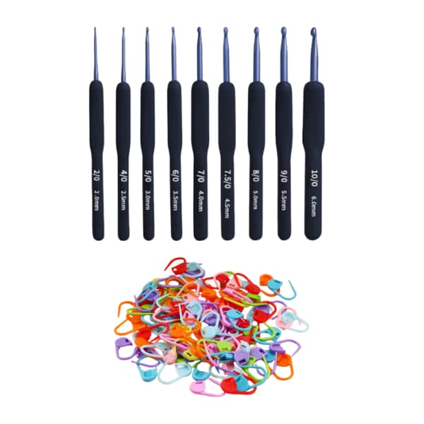Kit 9 Agulhas Crochê Ergonômicas Preta + 100 Marcadores de Ponto Cadeado