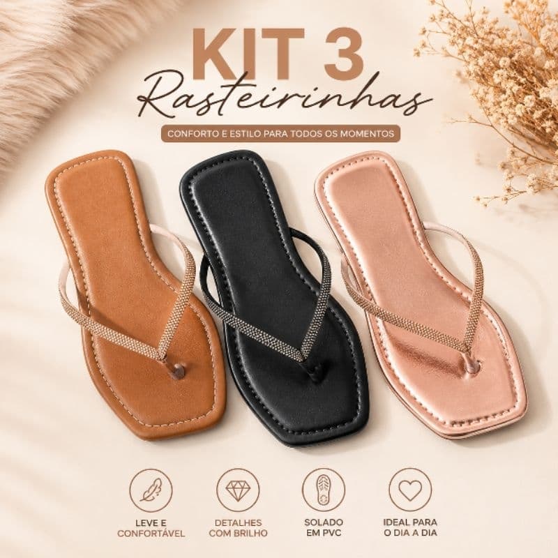 Kit com 3 Rasteirinhas Feminina Chinelo Confortável Sandália com Strass