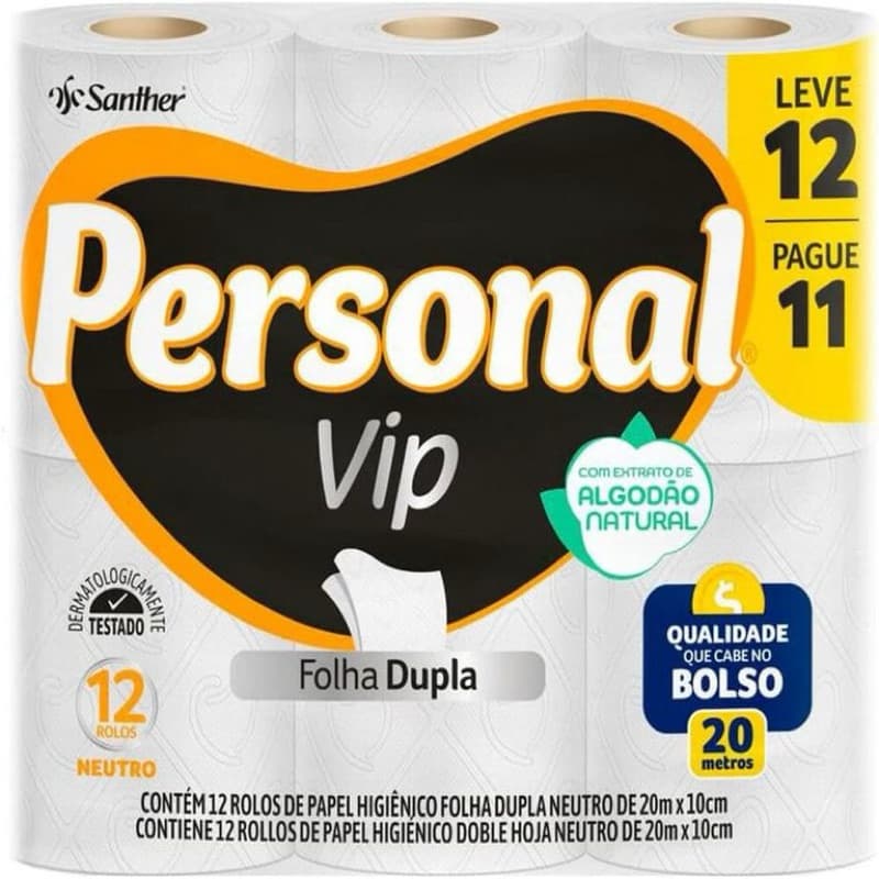 PAPEL HIGIÊNICO PERSONAL VIP FOLHA DUPLA NEUTRO 12 ROLOS 20M