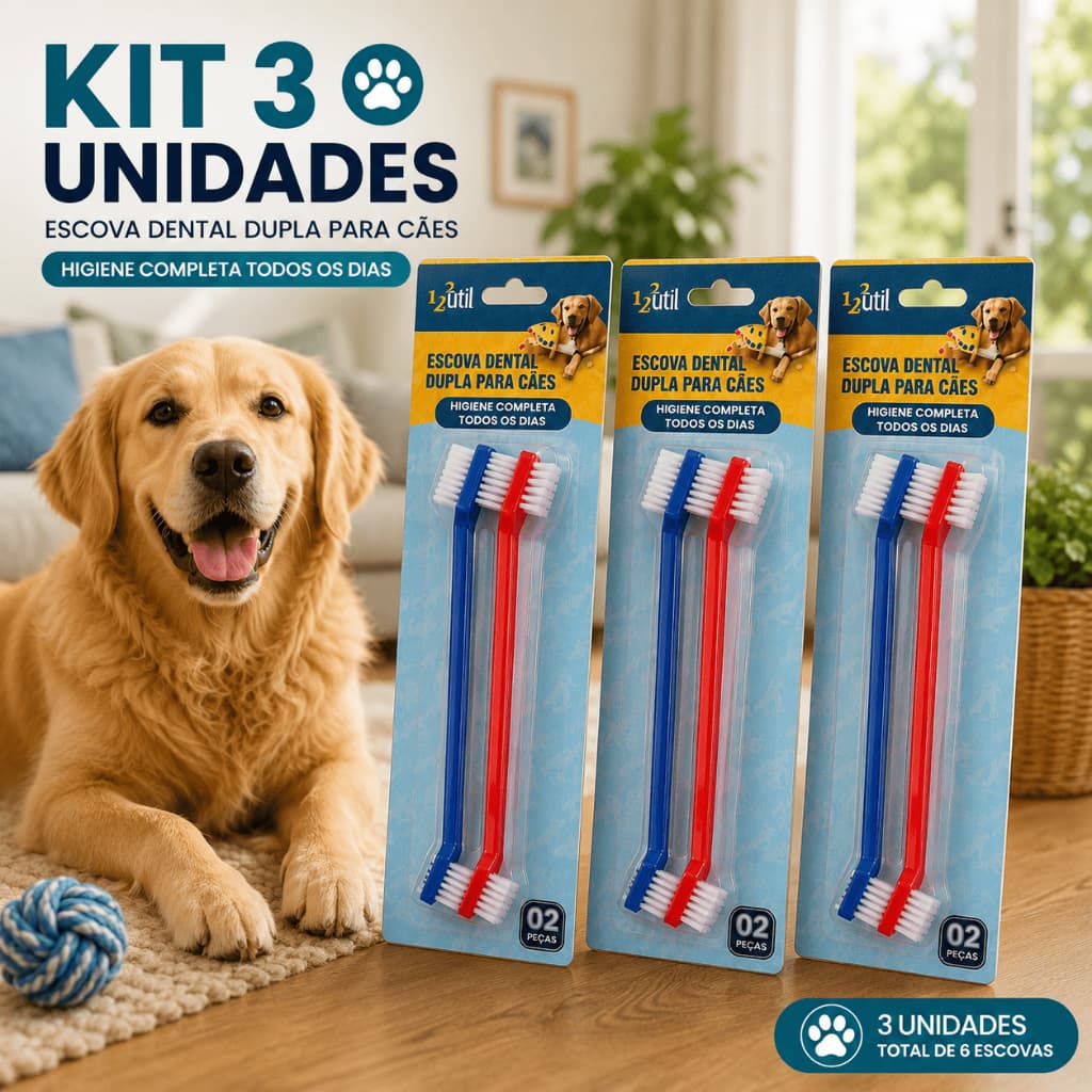 KIT 3 SET - Escova de Dentes para Cachorro e Gato Dupla Face Cabo Longo Higiene Bucal Pet 6 Peças