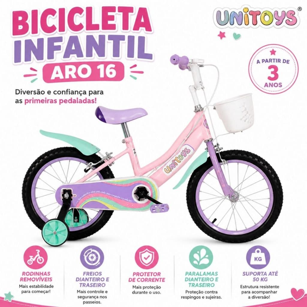Bicicleta Infantil Aro 16 Unitoys Rosa Rodinhas Removíveis Cesta Freios Dianteiro Traseiro Menina 3+