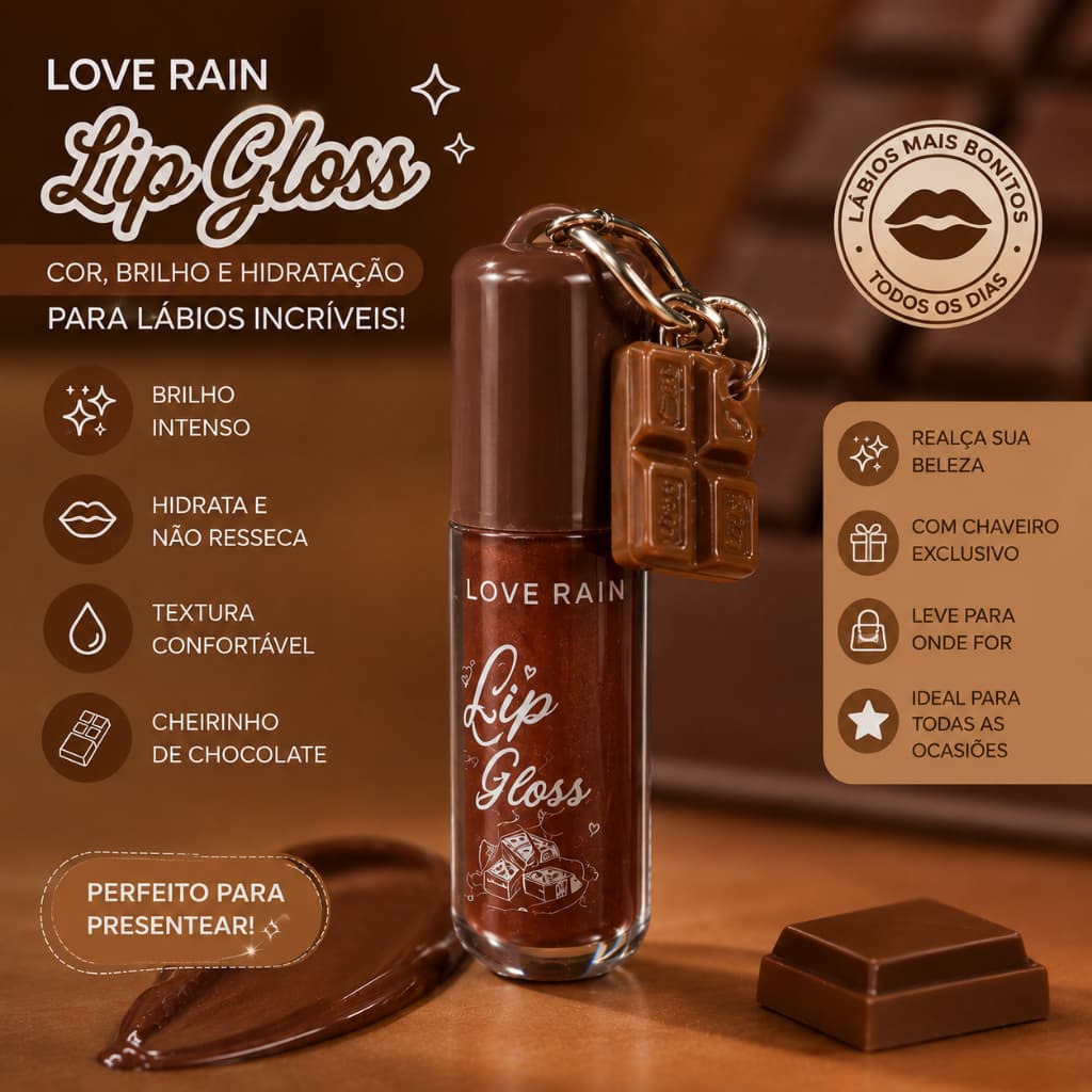 Batom Lip Gloss Love Rain Marrom Chocolate com Chaveiro Gloss Labial Hidratante Brilho Intenso