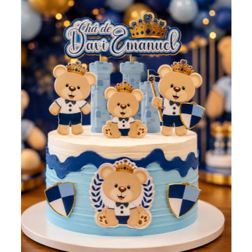 Topo de Bolo Ursinho Príncipe Realeza Personalizado Nome e Idade Chá de Bebê / Aniversário - Impresso Papel Fotográfico