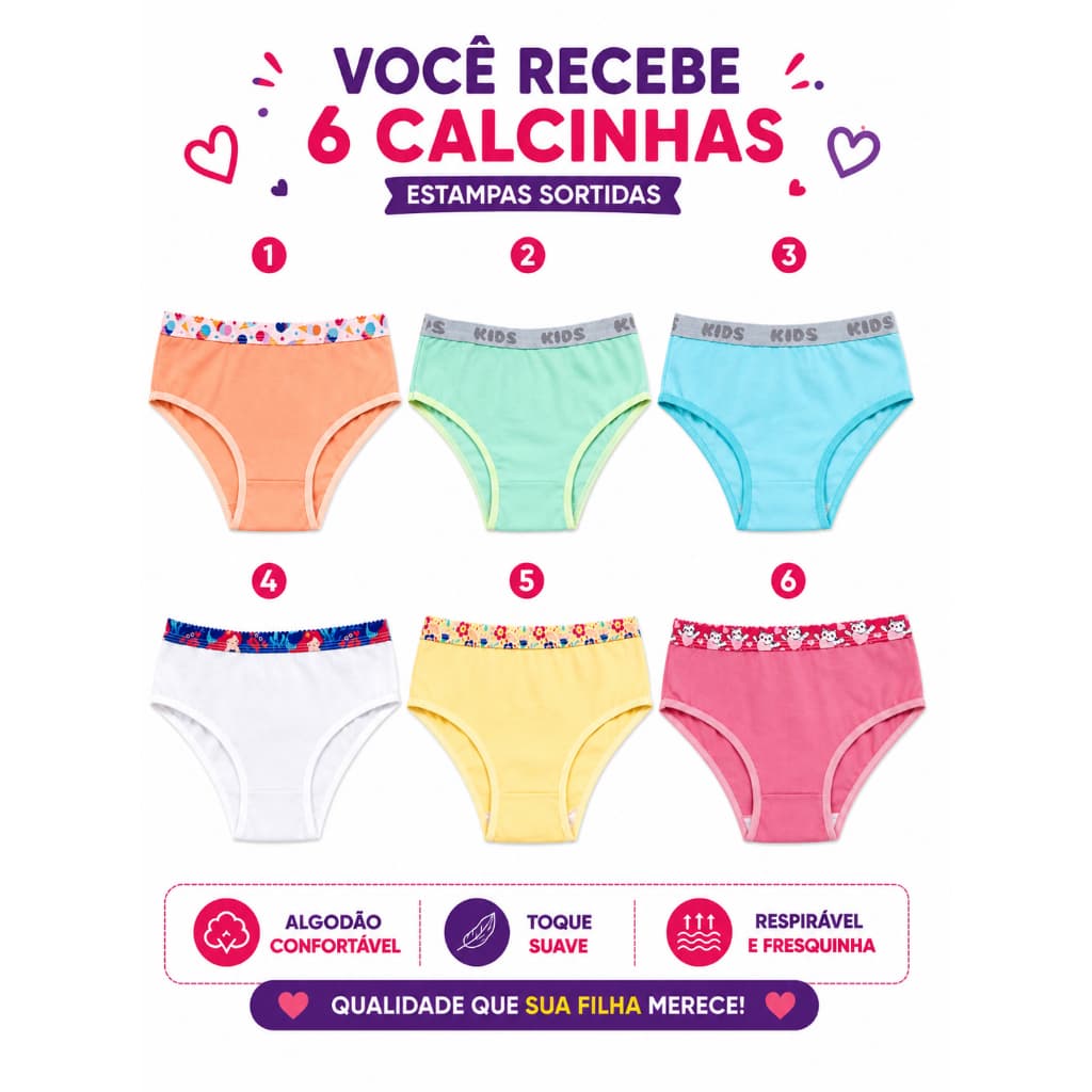 Kit 6 Calcinhas Infantil Algodão Lisas Variadas Confortável