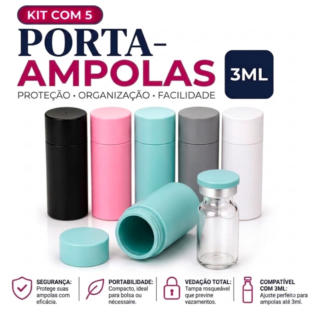 Kit 5 Porta Ampola Tirze Peptídeos 3ml Estojo Organizador Anti Impacto Case Proteção Suporte Rígido Geladeira Viagem